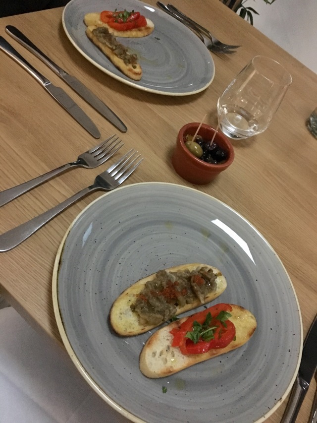 Roast pepper and aubergine toasts with olives from The Taw Restaurant