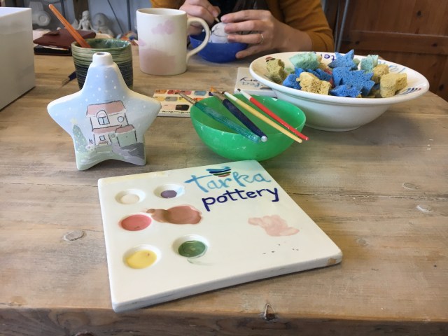 Palette of paint at Tarka Pottery
