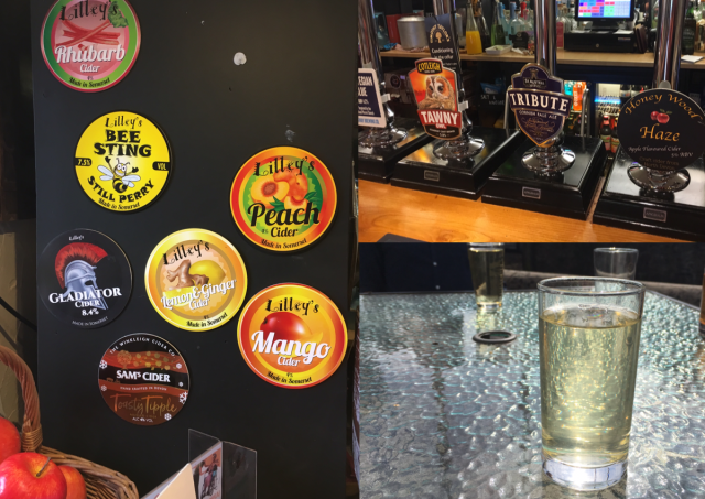 Some of the ciders available at the Cyder Presse, glass of mango cider