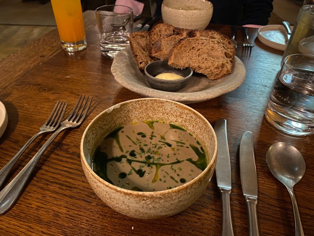 Soup and sourdough bread from the Farmers Arms, Woolsery
