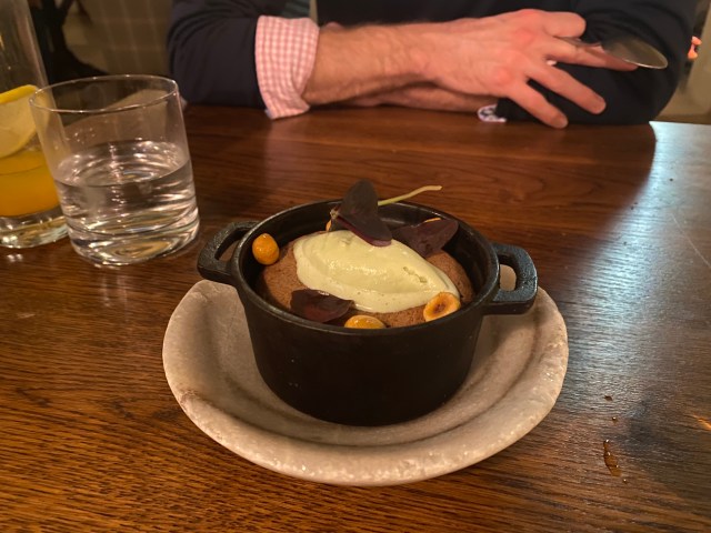Baked chocolate pudding with hazelnut, sorrel and thyme from the Farmers Arms, Woolsery